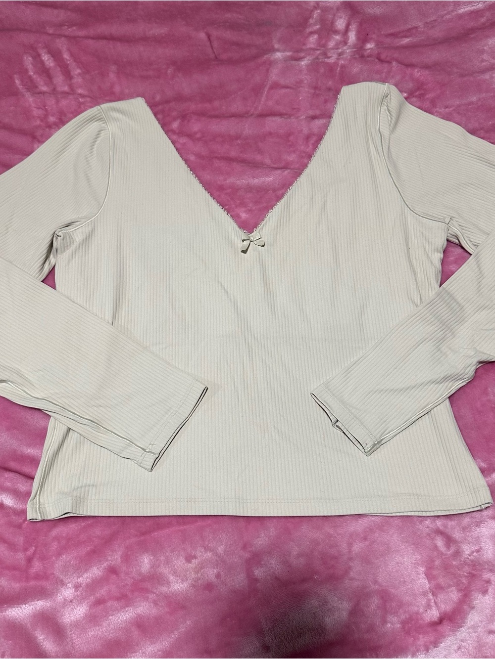 Aerie Cream Ribbed V-Neck Long Sleeve Top